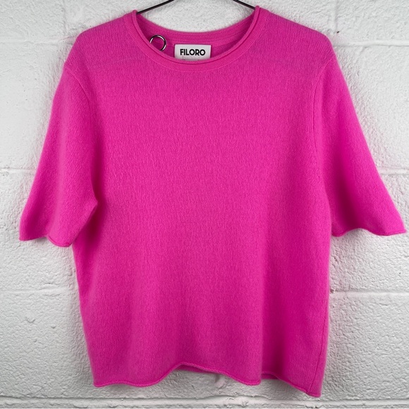 Filoro Rolled Edge Cashmere T-shirt in Hot Pink Size L - Picture 5 of 9